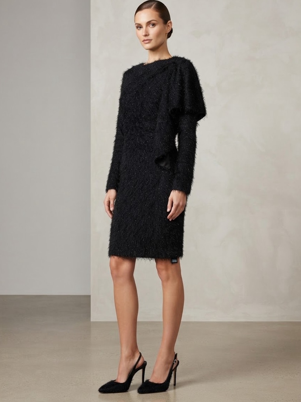 ASOS Design Luxe Open-Back Black Fuzzy Long-Sleeve Mini Dress